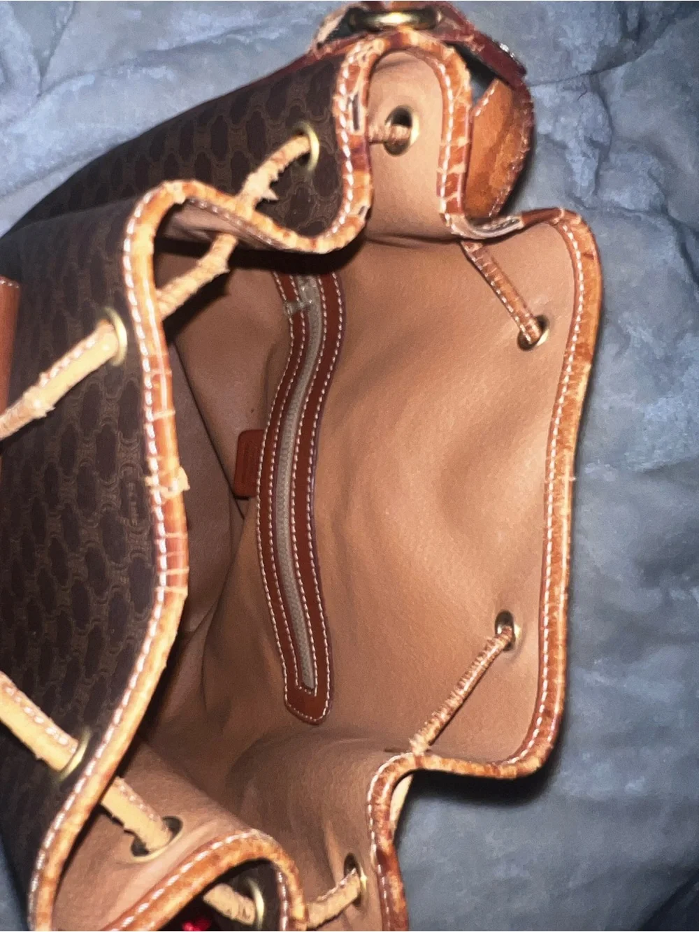 Celine Brown Monogram & Tan Leather Drawstring Backpack